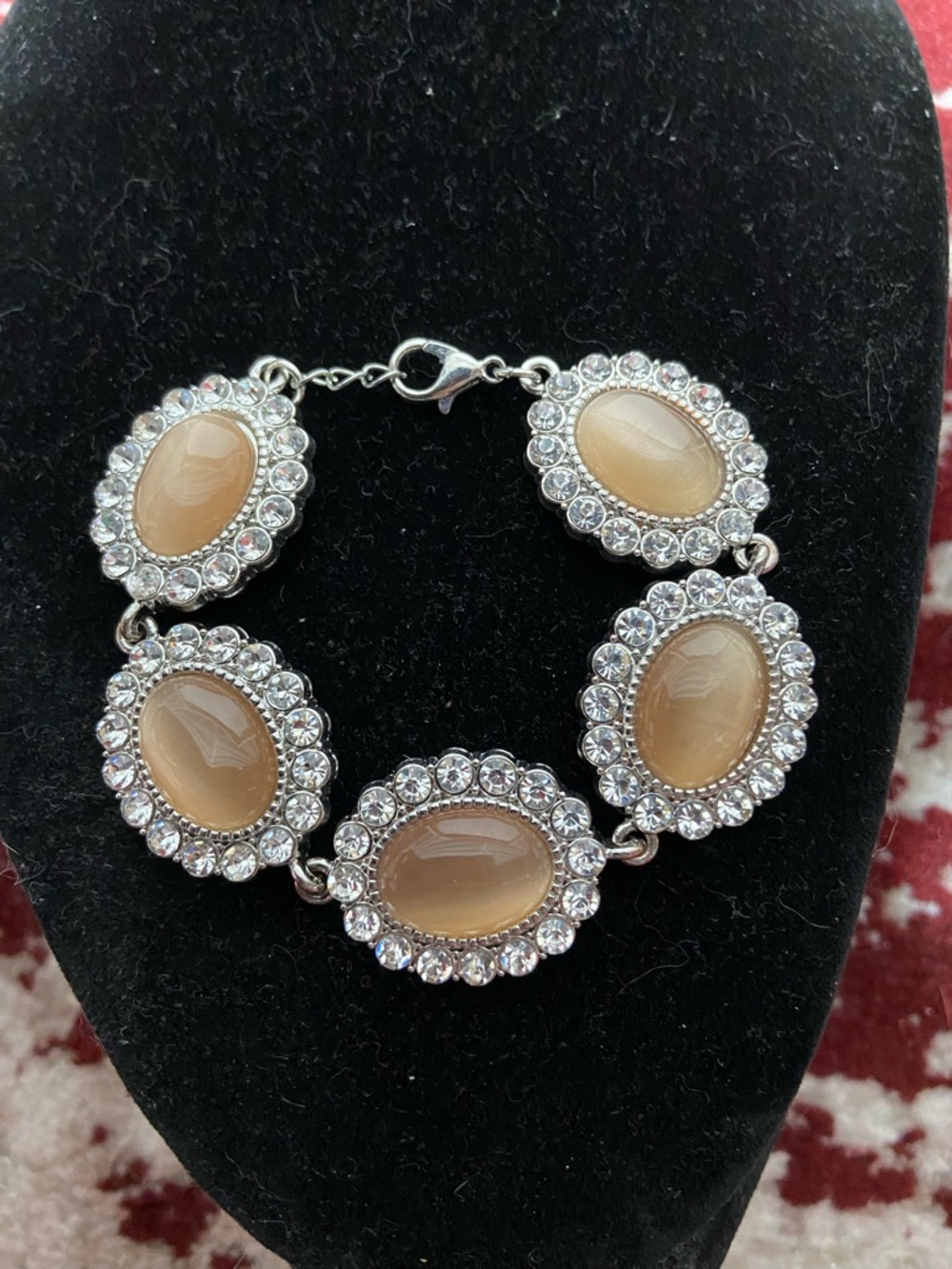 Chunky Silver-Tone Beige Cat Eye Cabochon Oval Bracelet with Rhinestones